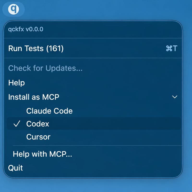 qckfx MCP install menu showing Claude Code, Codex, and Cursor options