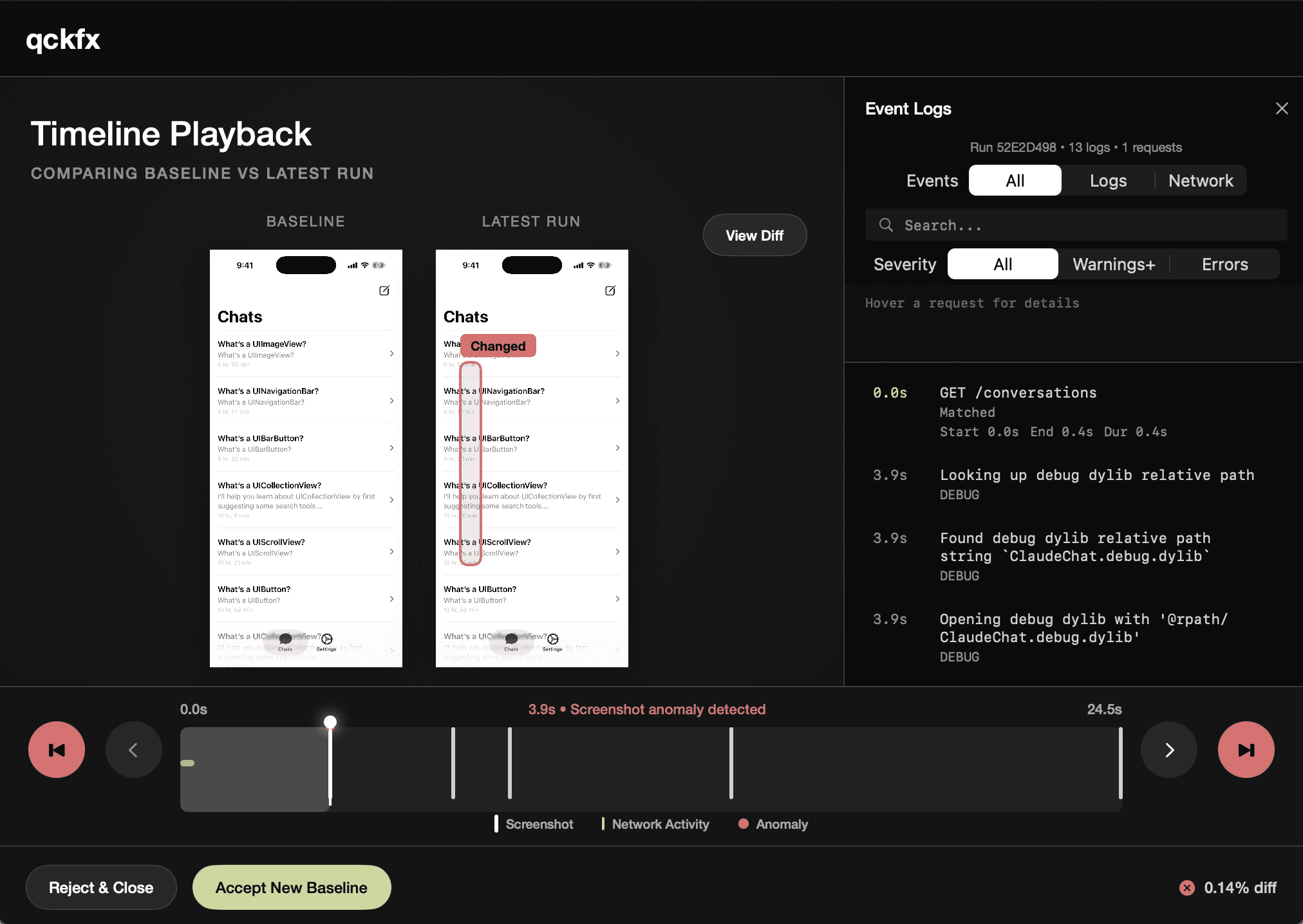qckfx Timeline Playback — comparing baseline vs latest run with visual diffs, event logs, and network timeline